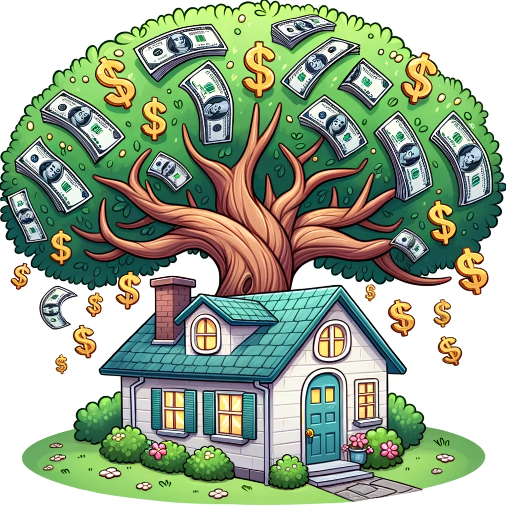 a quaint cottage with a tree growing directly from its center. The branches of the tree are adorned with dollar bills and gold 