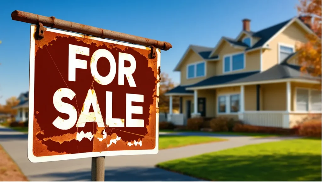 A lonely “For Sale” sign with getting rusty and deteriorating